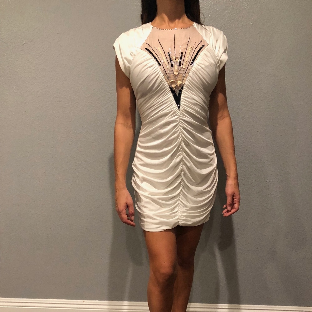 WHITE DRESS WITH ROUCHING DETAIL AND SEQUINS